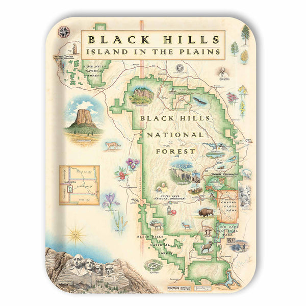 Large Rctangle Serving Tray Map of Black Hills National Forest with scenic illustrations on a beige background