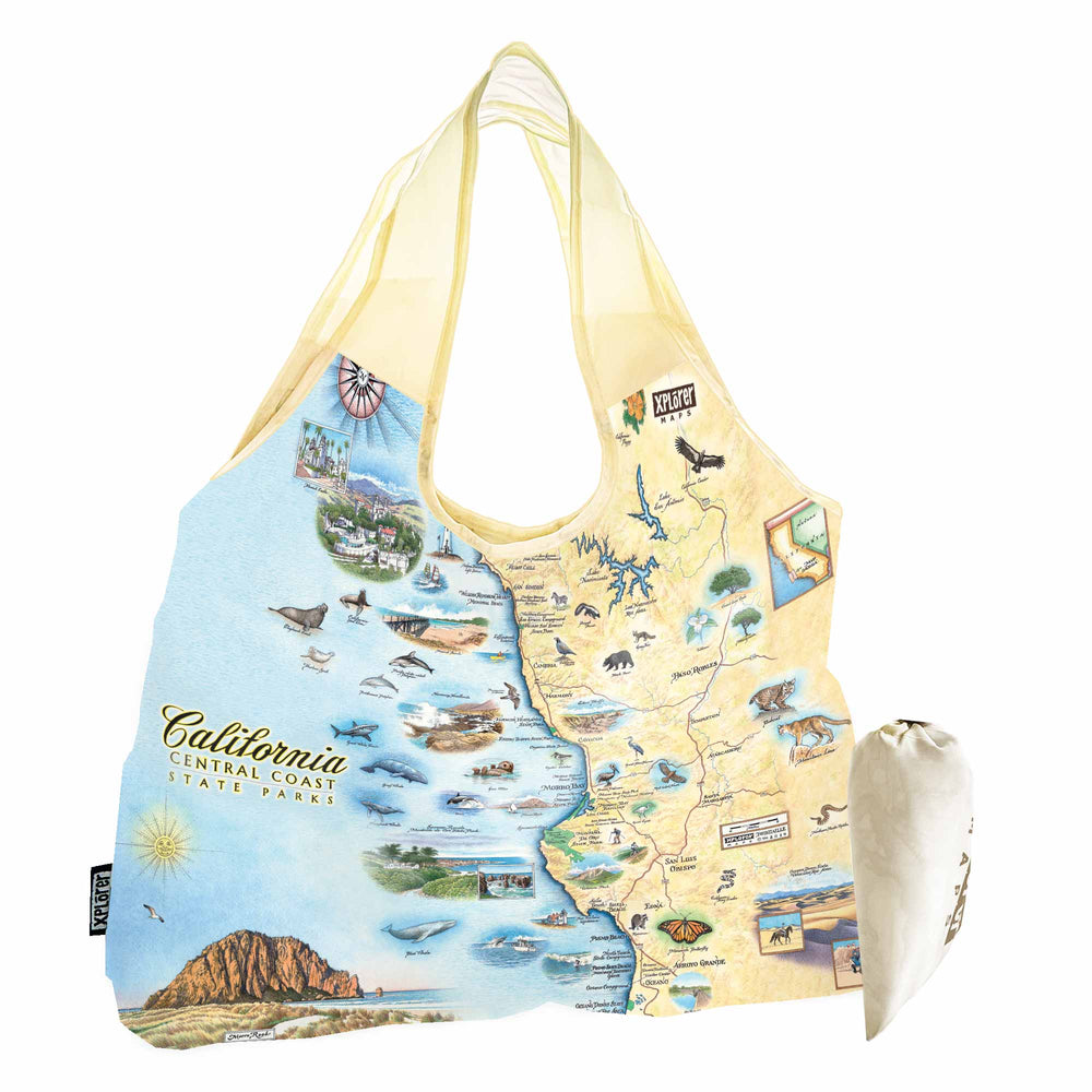 California Central Coast State Parks Map Pouch Tote Bag in earth tones. Featuring wildlife viewing is abundant with sea life, birding, and terrestrial creatures. Cultural history is rich in the area with the fame of Hearst Castle, Ranchers of Montana De Oro, Dunites of Oceano Dunes, and Native people that have lived on this land for thousands of years from San Francisco to Los Angeles.
