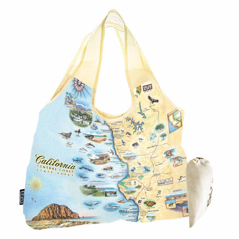 California Central Coast State Parks Map Pouch Tote Bag in earth tones. Featuring wildlife viewing is abundant with sea life, birding, and terrestrial creatures. Cultural history is rich in the area with the fame of Hearst Castle, Ranchers of Montana De Oro, Dunites of Oceano Dunes, and Native people that have lived on this land for thousands of years from San Francisco to Los Angeles.