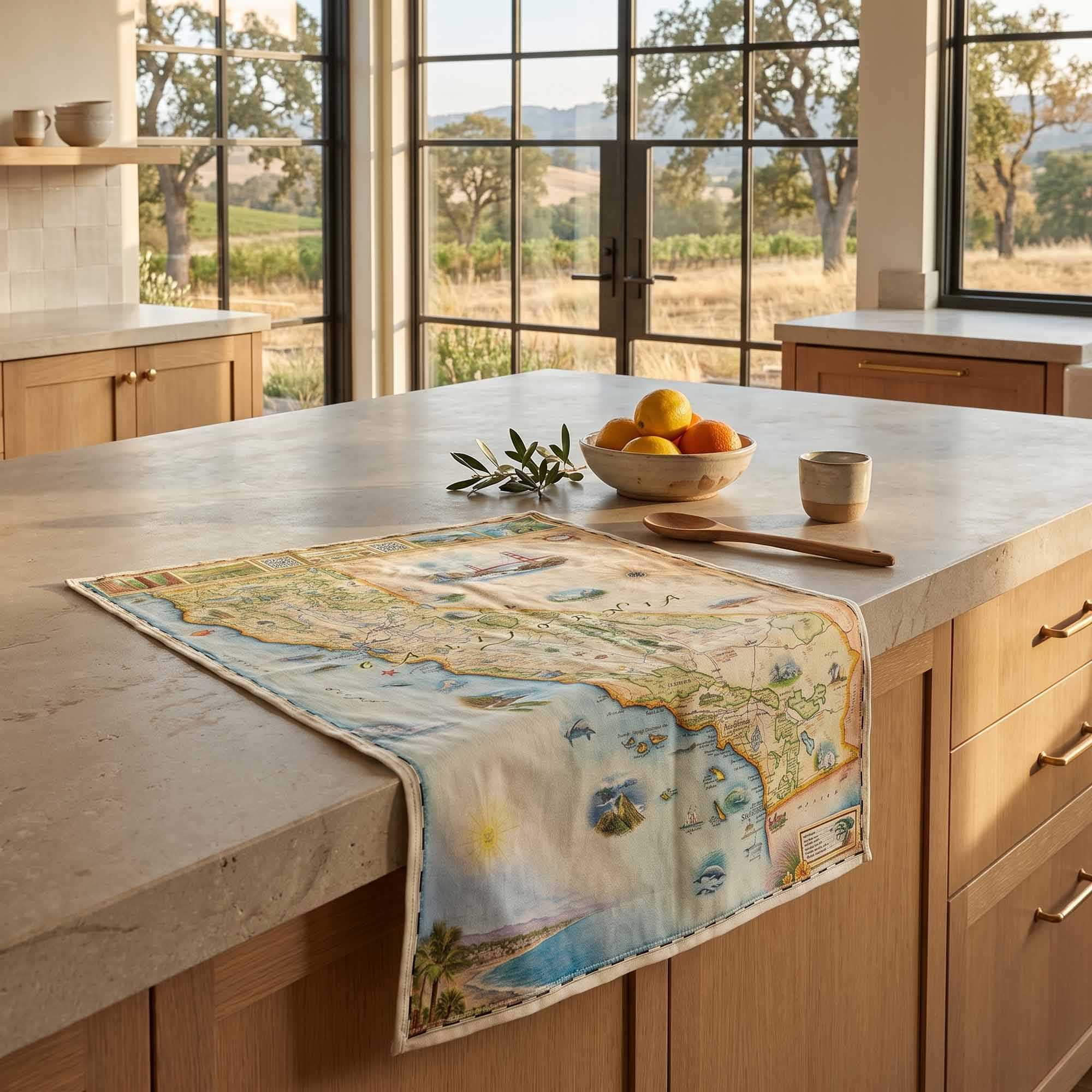 A rectangular kitchen towel or runner with a vintage-style map and coastal illustration in soft beige, blue, green, and cream tones, draped over a light stone kitchen island. The scene includes a bowl of citrus, a small cup, wooden spoons, and large windows overlooking a vineyard landscape.