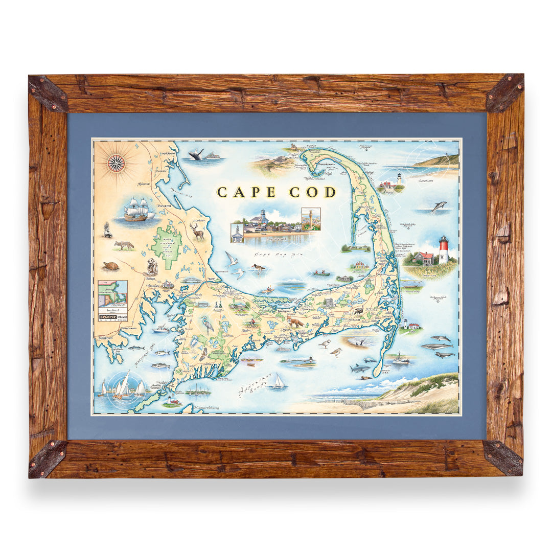 Massachusetts' Cape Cod Hand-Drawn Map in a pine frame with blue mat