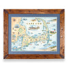 Massachusetts' Cape Cod Hand-Drawn Map in a pine frame with blue mat