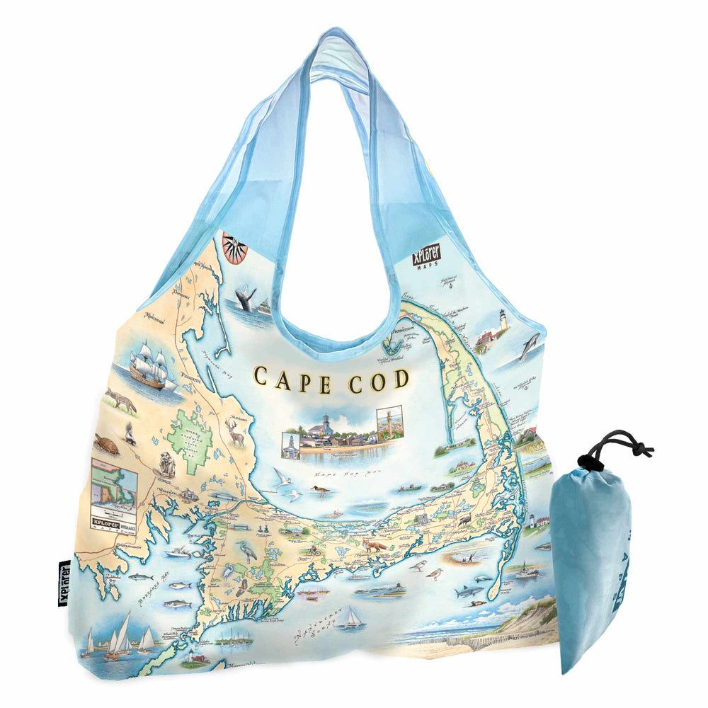 Cape Cod Map stuffable pouch tote bag in earth tone colors. Featuring Plymouth Rock, fish, crane, fox, Provincetown, canoeing, biking, beach, lighthouse, and ocean.