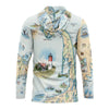Back Sun Shirt Hoodie with a scenic design of a lighthouse and coastal elements on a white background