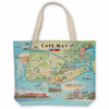 A canvas tote bag featuring a printed map of Cape May with various illustrations and landmarks.