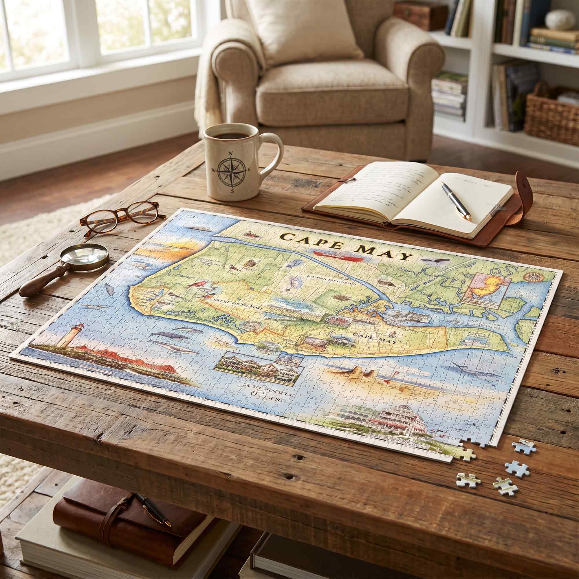 A completed vintage-style map jigsaw puzzle reading 