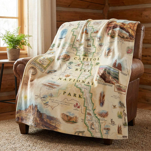 Map-themed blanket draped over a chair in a cozy room with wooden walls and a plant.