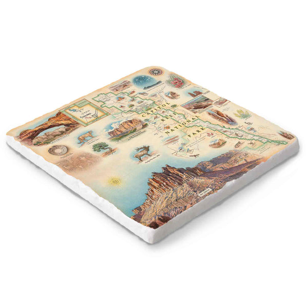 Hand-drawn Capitol Reef map on a 6x6 natural stone trivet by Xplorer Maps.