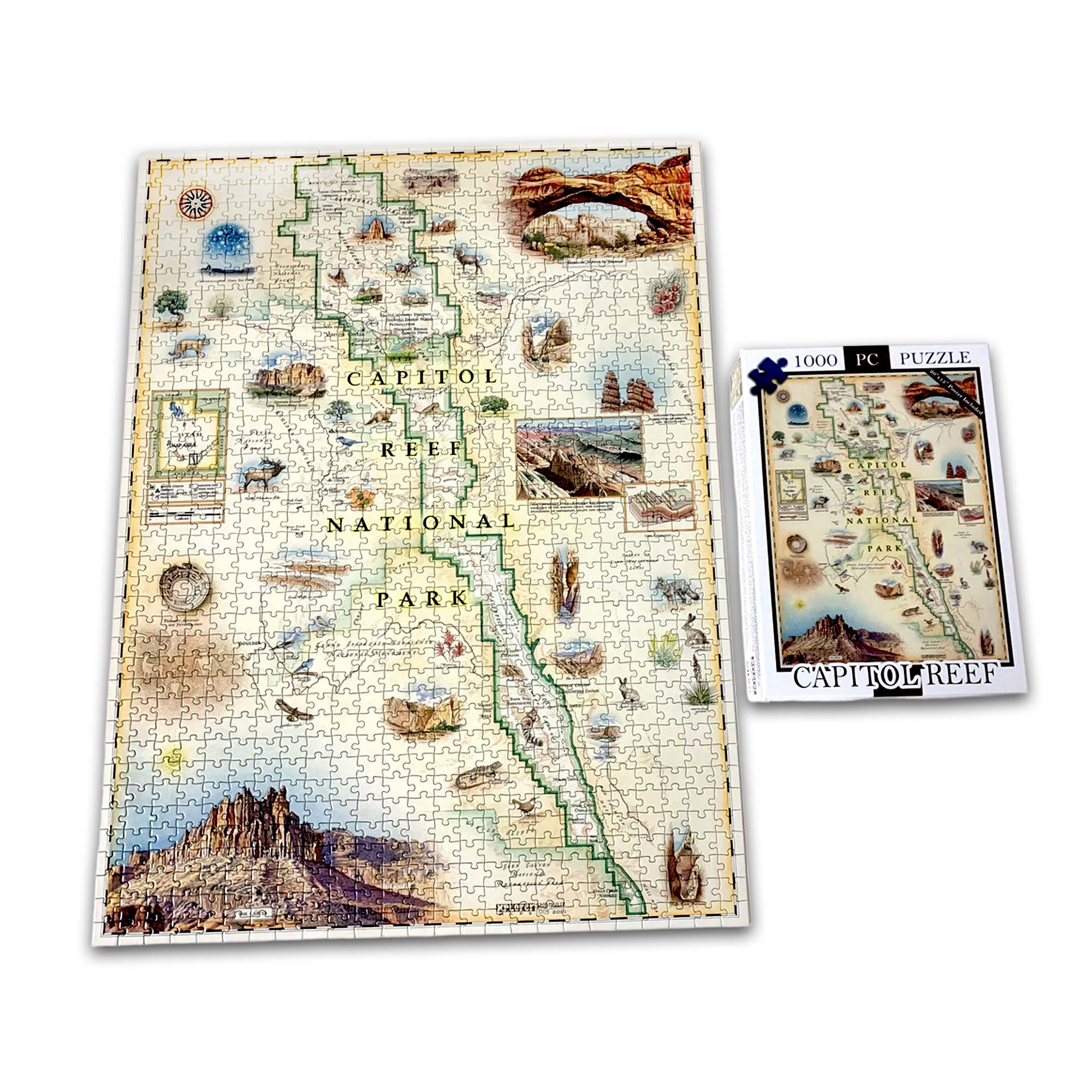 A completed 1000-piece jigsaw puzzle of Capitol Reef National Park shown next to its retail box on a plain white background.