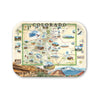 Medium Serving Tray map of Colorado featuring various icons and landscapes on a white background.