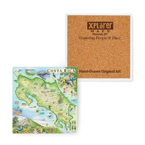 Costa Rica ceramic coaster set with hand-drawn map design and cork base