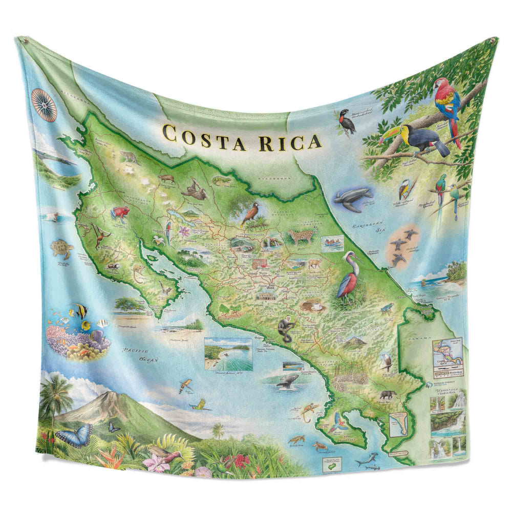 Costa Rica Map Fleece Blanket hanging to display full hand-drawn map design