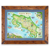 Costa Rica map in a pine frame and blue mat on white background. 