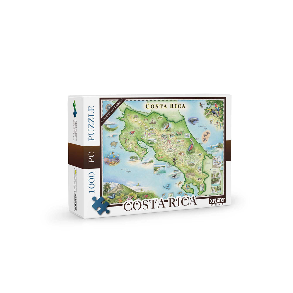 Jigsaw puzzle box featuring a map of Costa Rica on a white background
