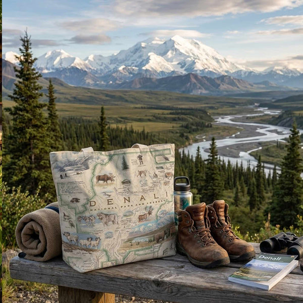 Tote bag with 'Denali' branding, boots, water bottle, and book on a wooden bench with a mountain view.