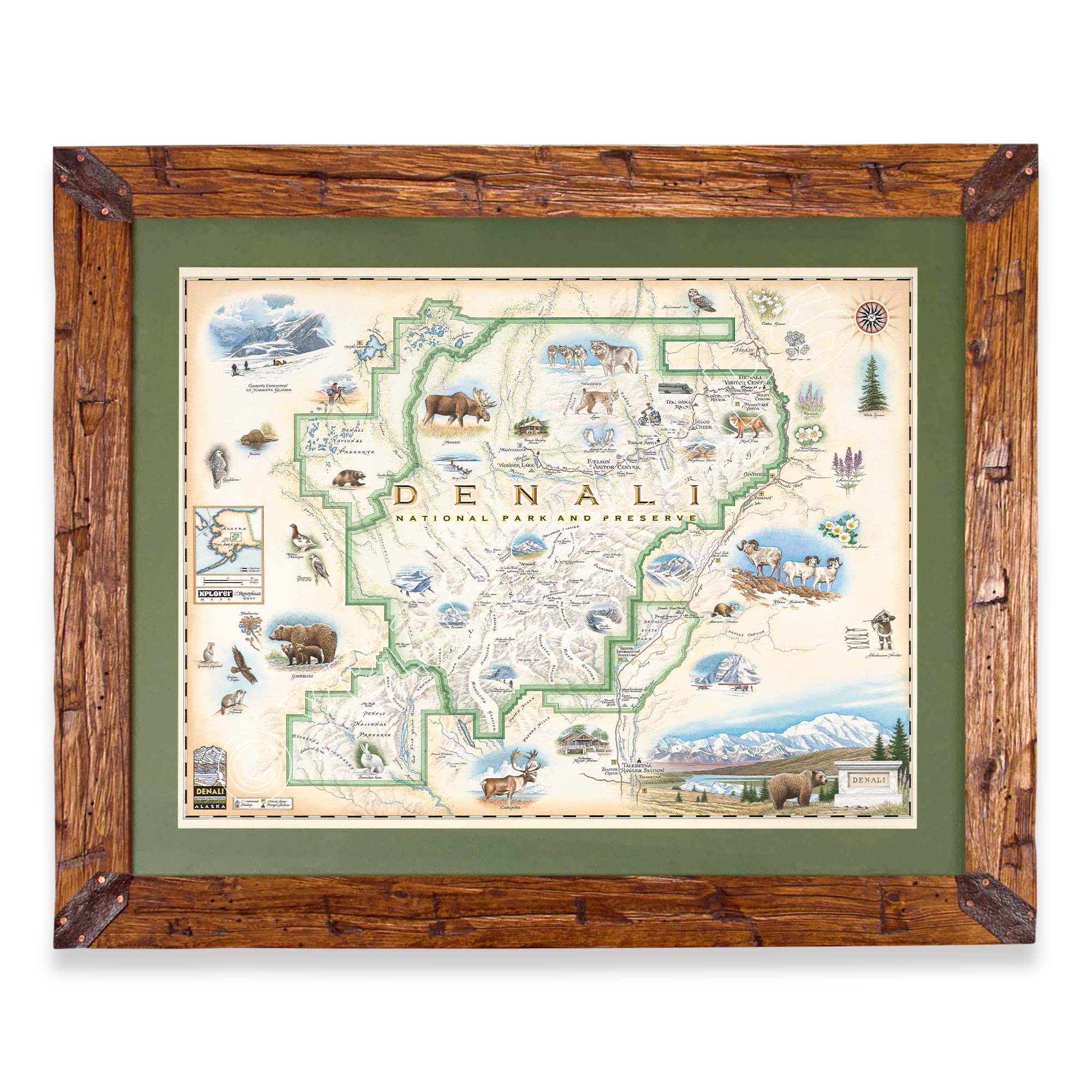 Denali map framed in pine wood and green mat on a white background