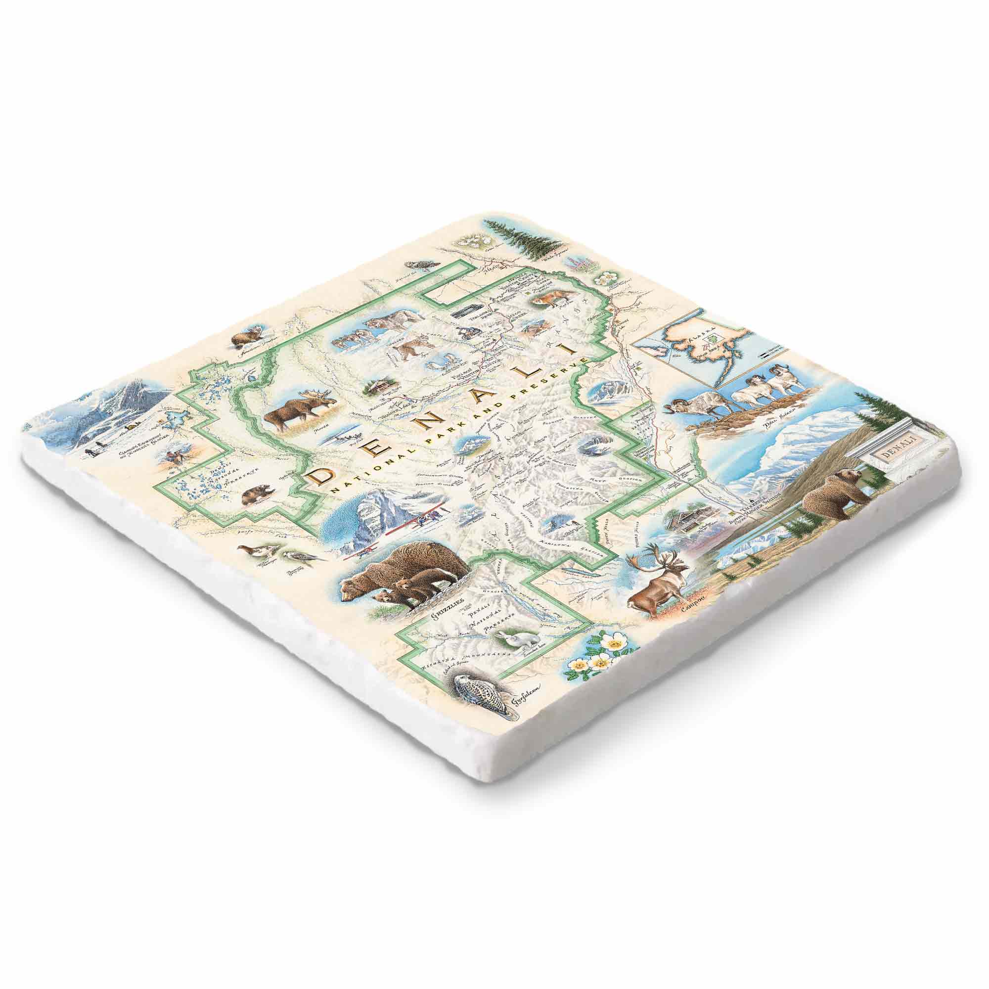 Hand-drawn Denali National Park map on a 6x6 natural stone trivet by Xplorer Maps.