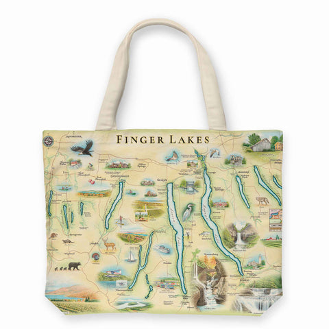  Embrace the beauty of the Finger Lakes region with this large canvas tote bag. Adorned with a stunning depiction of serene landscapes, it's not only perfect for carrying your essentials but also serves as a stylish reminder of the tranquility and natural beauty found in New York's Finger Lakes region.