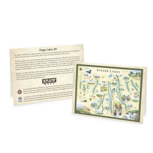 New York's Finger Lakes blank notecards features a map of the area showcasing  the stunning beauty of New York State's Finger Lakes region, including Canandaigua, Keuka, Seneca, Cayuga, and Skaneateles Lakes. Seneca is the largest, while Keuka has a distinctive Y-shape. Charming towns like Skaneateles and wine trails around Seneca and Cayuga Lakes add to the region's allure.