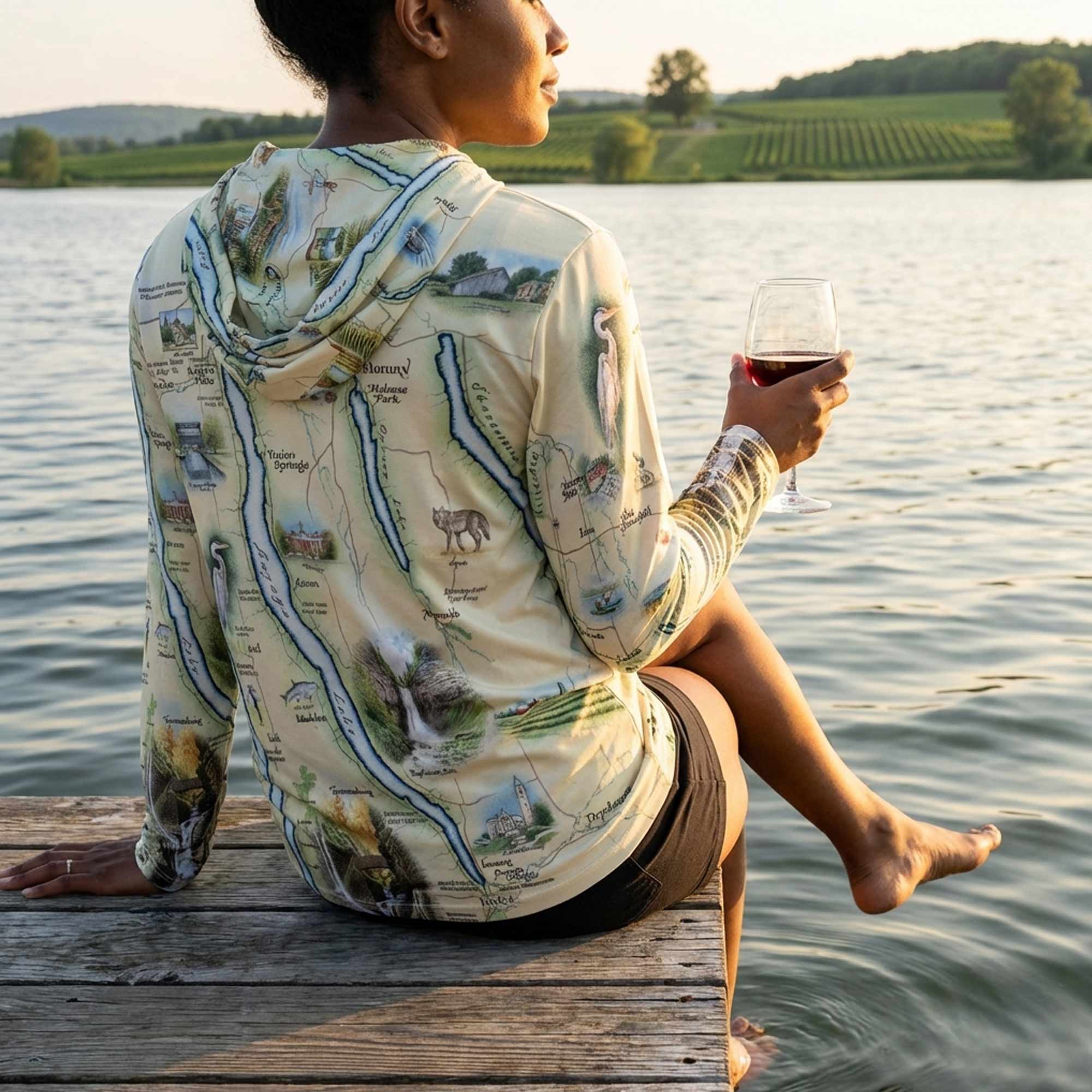 Person sitting on a dock by a lake, wearing a sun shirt hoodie with a Finger Lakes map design, holding a glass of wine.