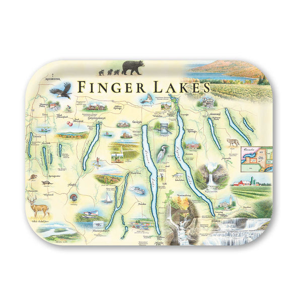 Medium Serving Tray Map of the Finger Lakes region with scenic illustrations on a white background