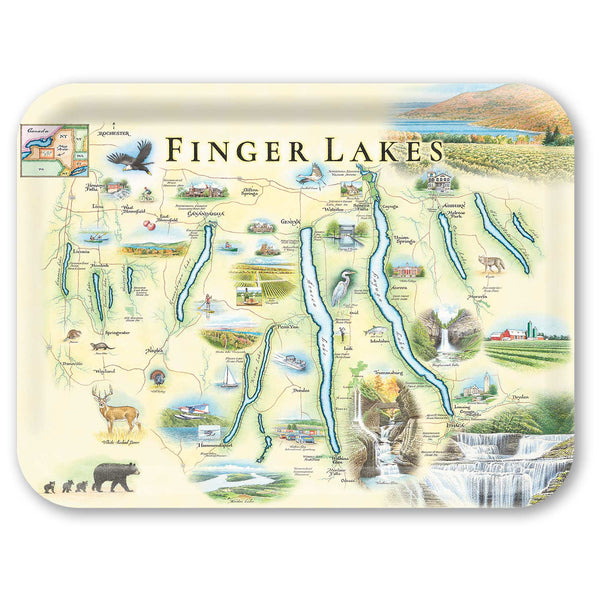 Large Serving Tray Map of the Finger Lakes region with illustrations and text on a white background