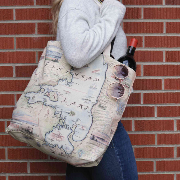 Woman with Flathead Lake Montana Map Canvas Tote Bag