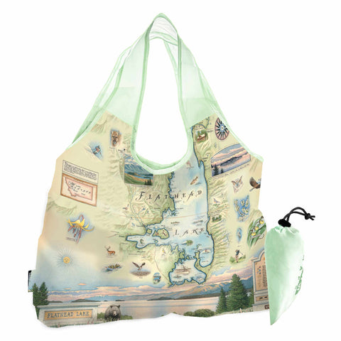 Montana's Flathead Lake Montana Map Pouch Tote Bags by Xplorer Maps. Features Golfing, Steamboat, Rafting, birds, eagles, Osprey, Bears, forest, water, deer, mountain lion, fish, Cherry Blossoms, and flowers like Glacier Lilies and Lady Slippers. Cities and landmarks are noted such as Woods Bay, Wild Horse Island, Finley Point, and Big Arm. 