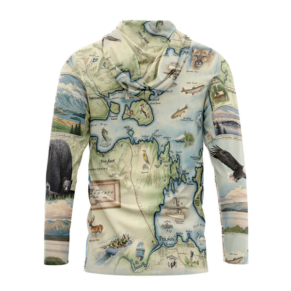 Sun Shirt Hoodie with a detailed map and nature-themed design on a white background