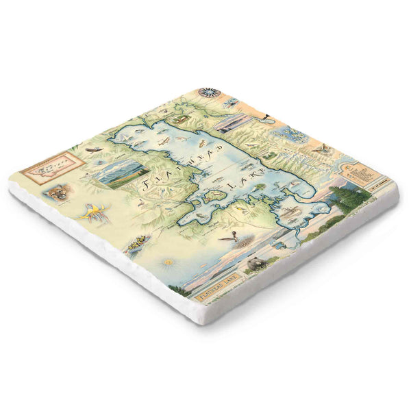 Hand-drawn Flathead Lake map on a 6x6 natural stone trivet by Xplorer Maps.