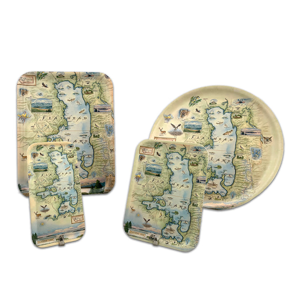 Flathead Lake Montana Map serving tray. Small, Medium, Large and round. 