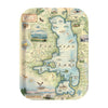 Medium Serving Tray Map of Flathead Lake with illustrations and text on a white background
