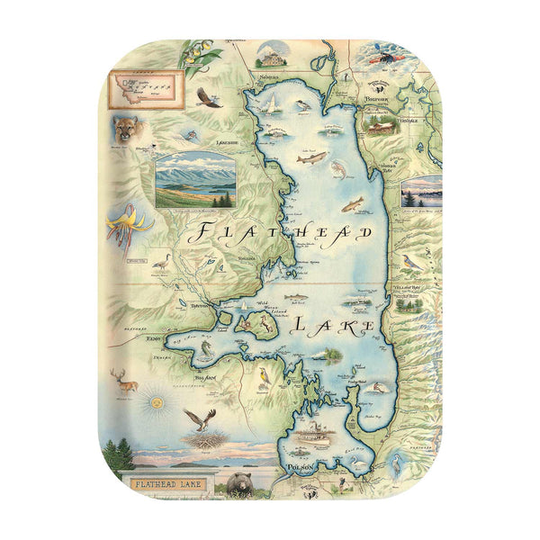 Medium Serving Tray Map of Flathead Lake with illustrations and text on a white background