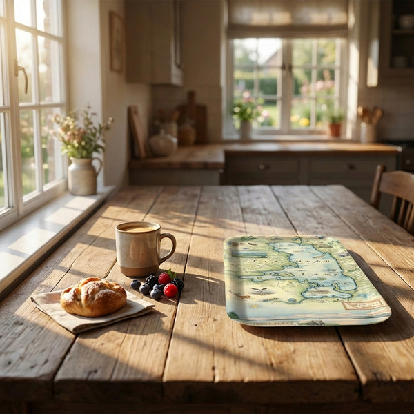 Wooden table with a Flathead Lake map tray, coffee, and pastries in a bright kitchen.