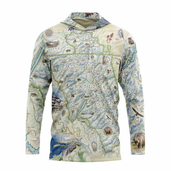 Front Sun Shirt Hoodie with Glacier National Park map design on a white background