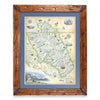 Montana's Glacier National Park hand-drawn map framed on white bacground. 
