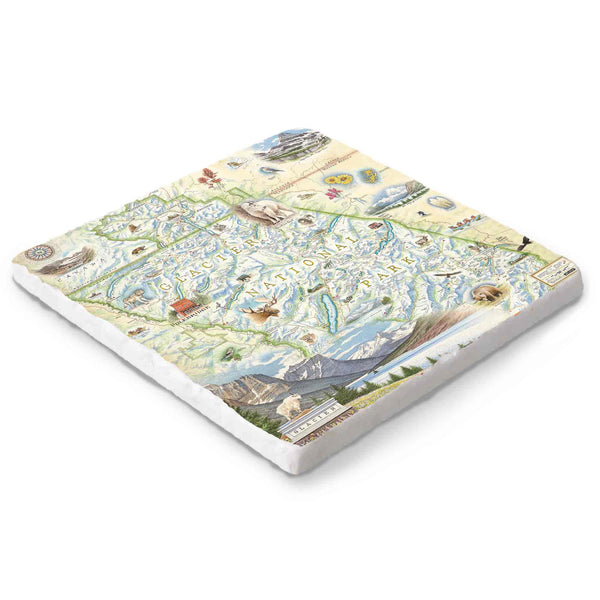 Hand-drawn illustrated marble trivet featuring Glacier National Park’s rugged mountains, alpine lakes, and native wildlife, created by artist Chris Robitaille. Tile includes cork backing for surface protection.
