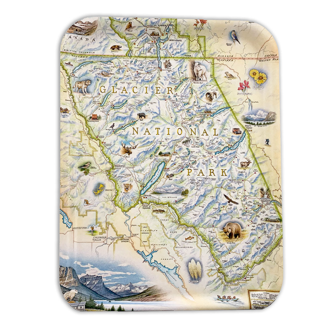Glacier National Park Serving tray featuring illustrations of Grizzly bears, wolves, bear grass, Mountains, moose and many more. 