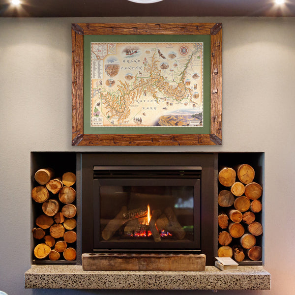 Framed Grand Canyon Map hanging on a wall above fireplace