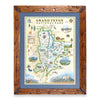 Framed Grand Teton National Park hand-drawn map with a blue mat on a white background