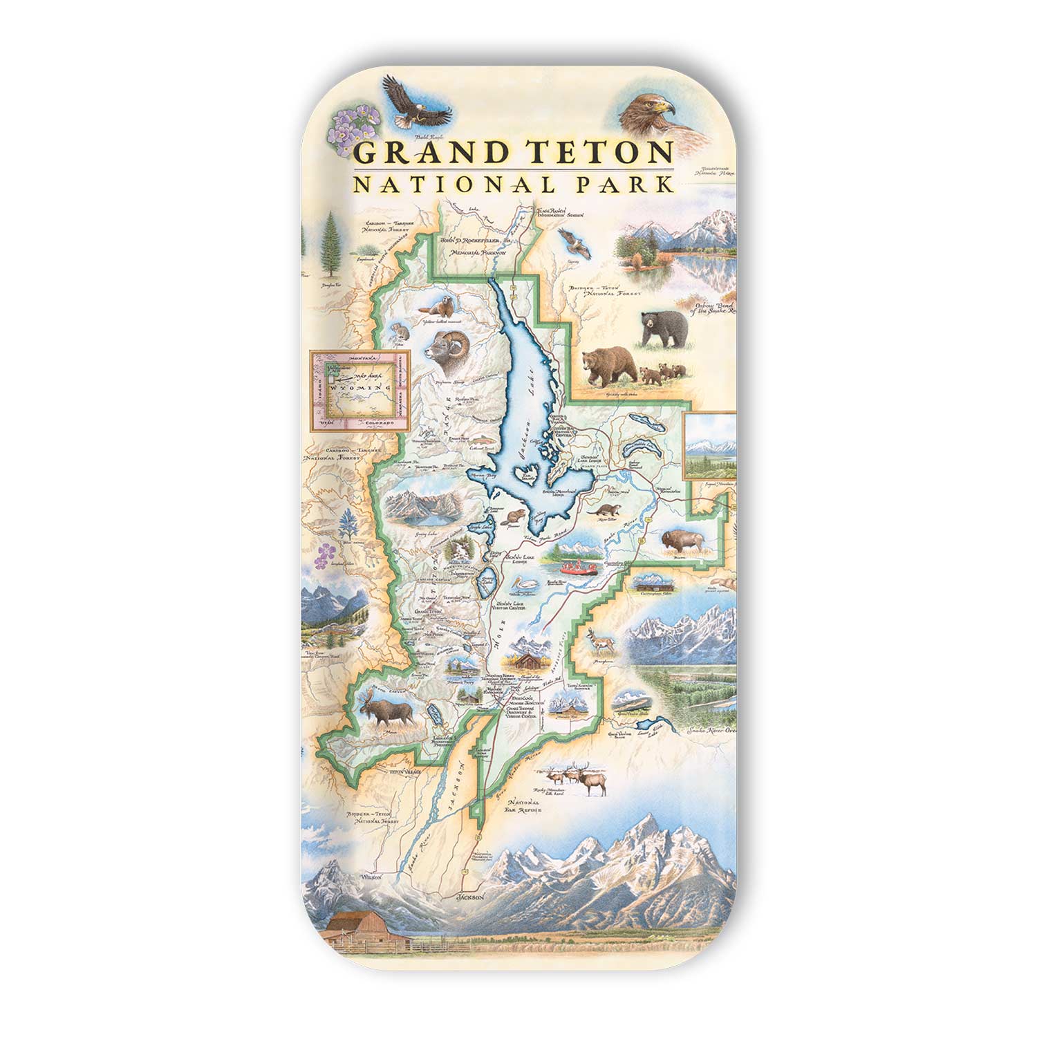 Small Serving Tray Map of Grand Teton National Park with illustrations and text on a white background