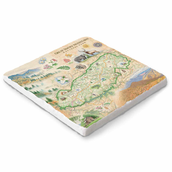 Hand-drawn Great Smoky Mountains map on a 6x6 natural stone trivet by Xplorer Maps.