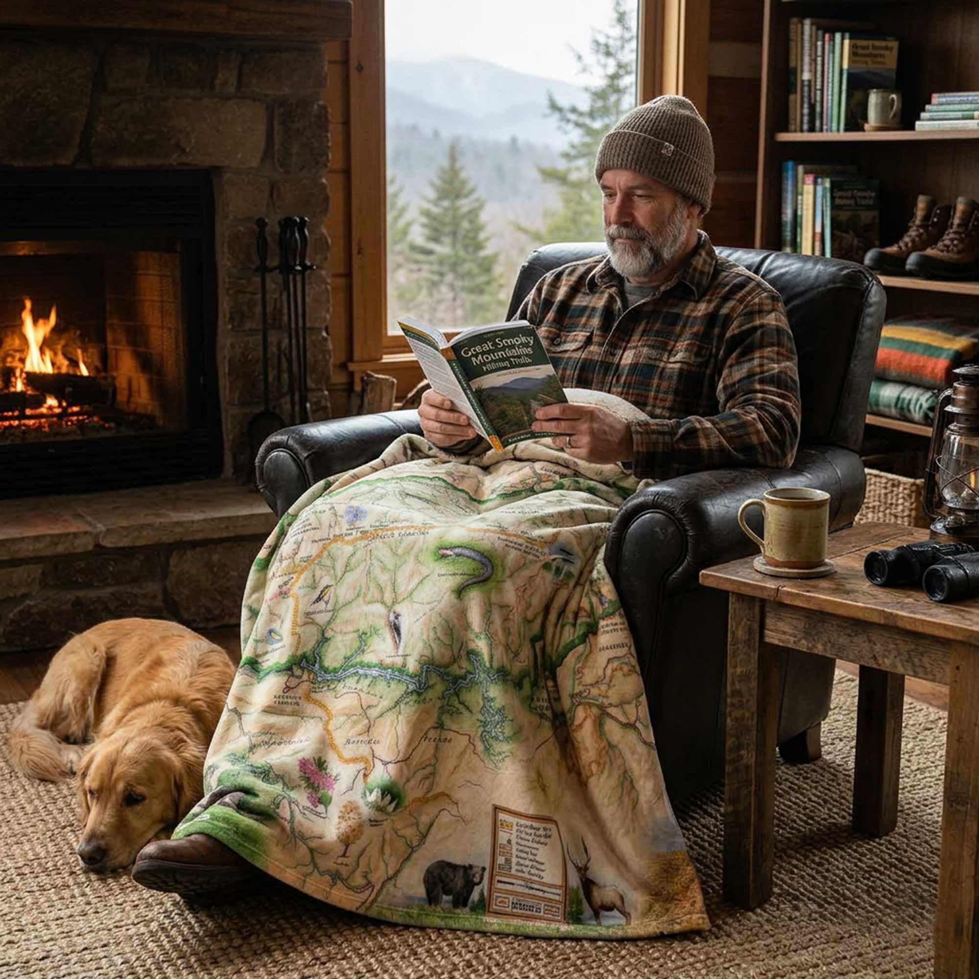 Man reading a book in a cozy living room with a fireplace and a dog lying on the floor. He has a Great Smokies blanket on him.
