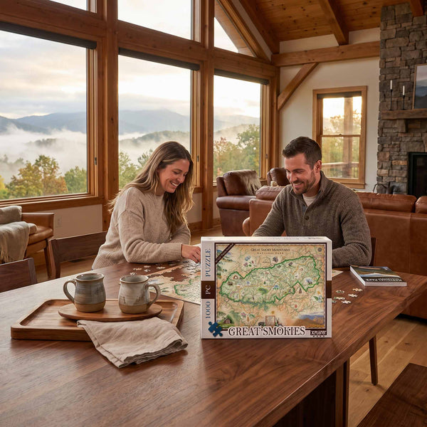 A couple sits at a wooden table in a rustic living room, working on a jigsaw puzzle. The puzzle box, labeled 'Great Smokey Mountains' and '1000 Piece', is prominently displayed on the table in the foreground.