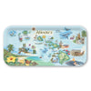 Map of Hawaii with various icons and scenic illustrations on a blue background