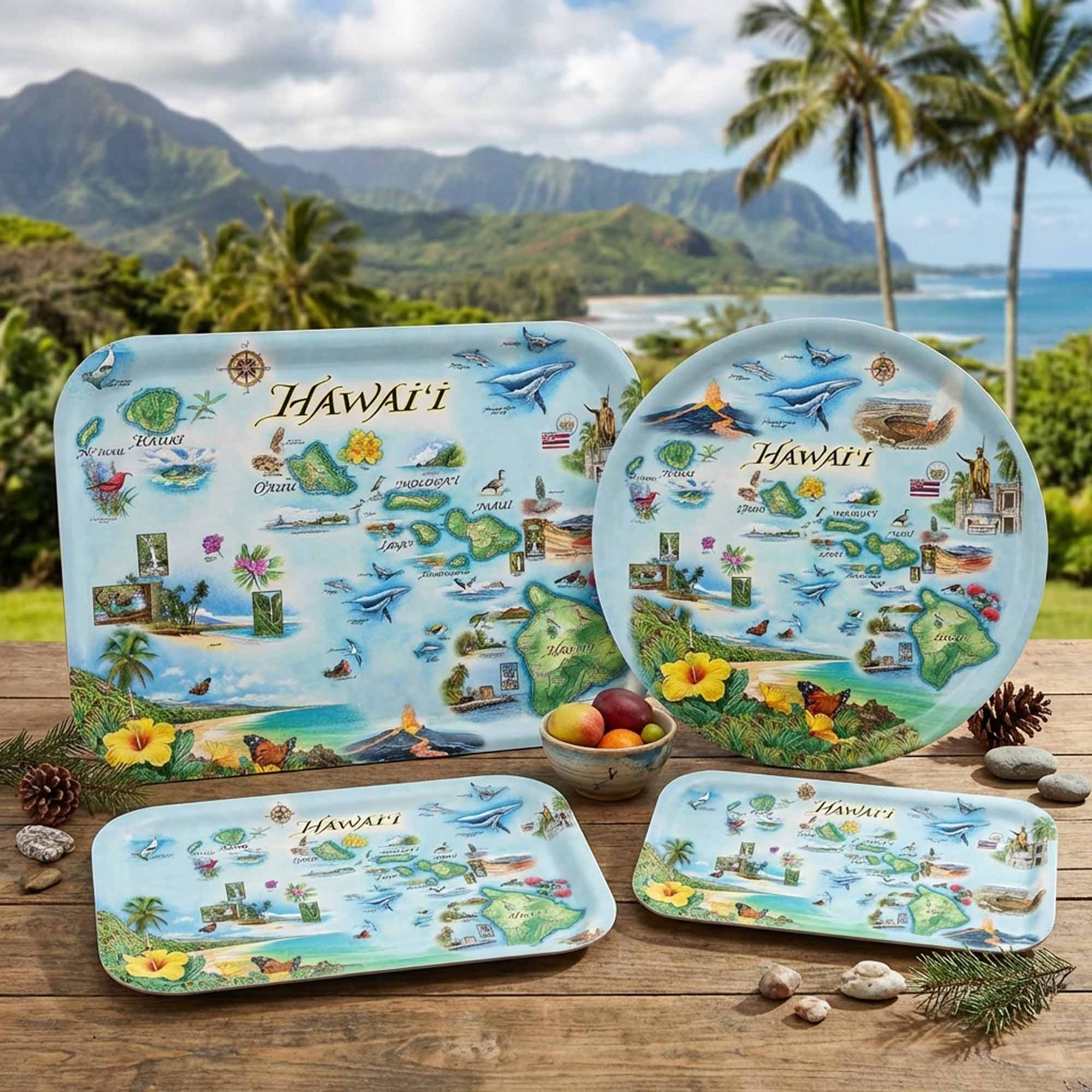 Set of decorative trays with Hawaii map design on a wooden surface with scenic background