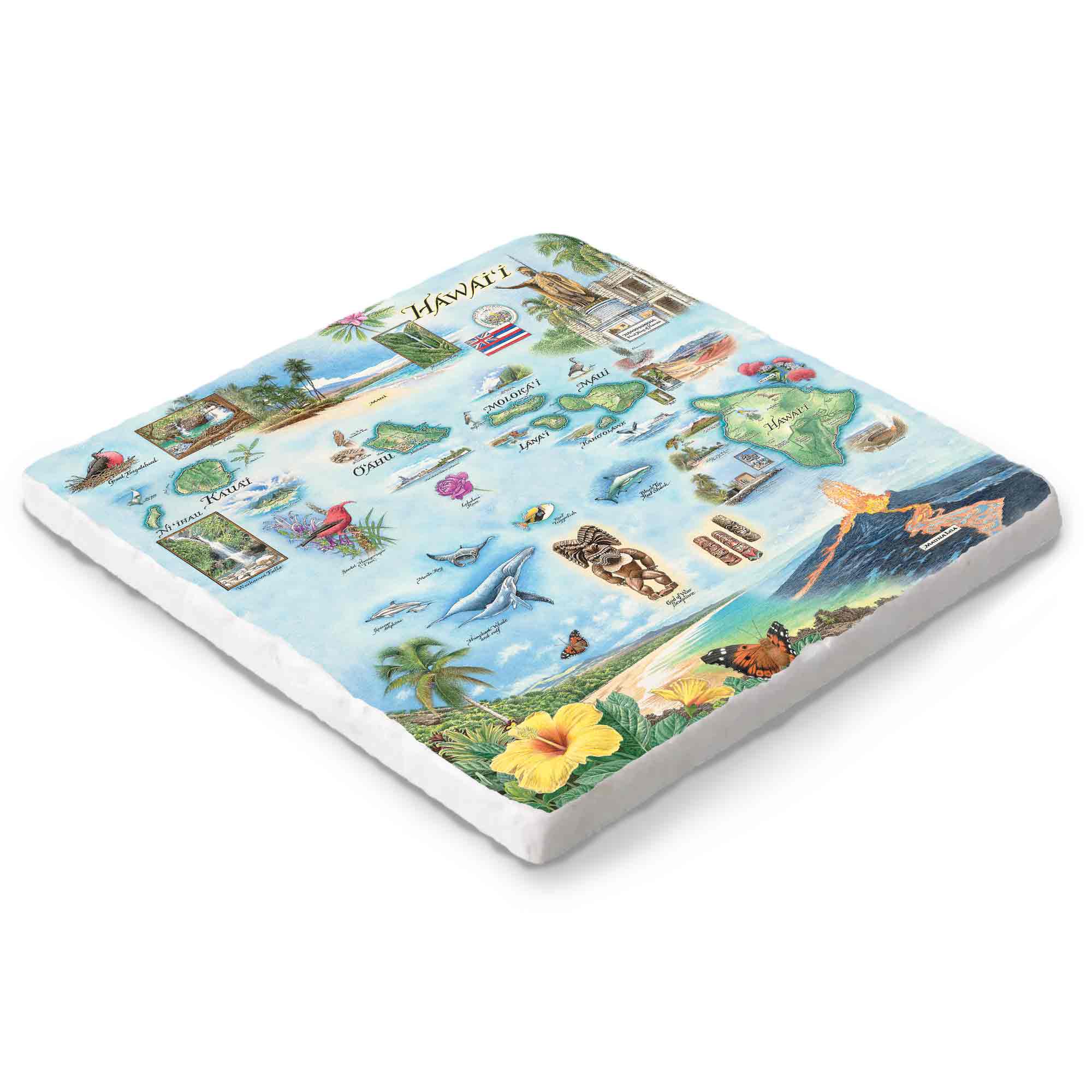 Hand-drawn Hawai'i map on a 6x6 natural stone trivet by Xplorer Maps.