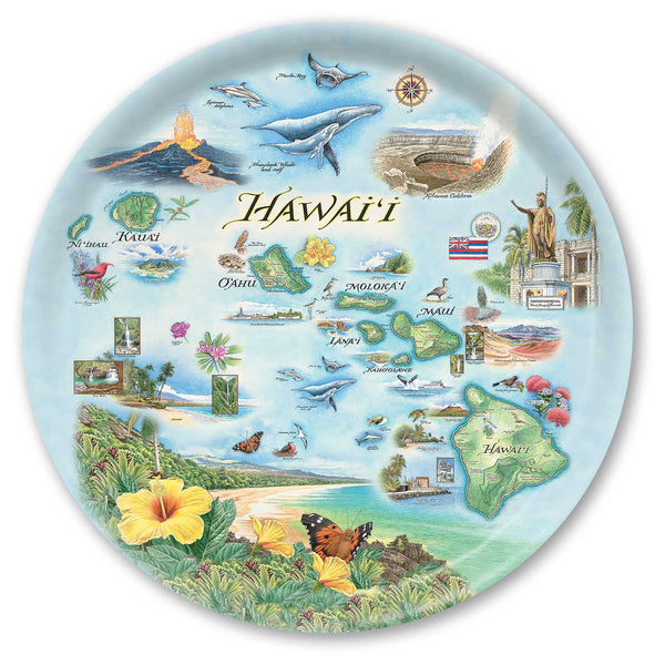 Round Serving Tray with a map of Hawaii featuring various landmarks and elements.
