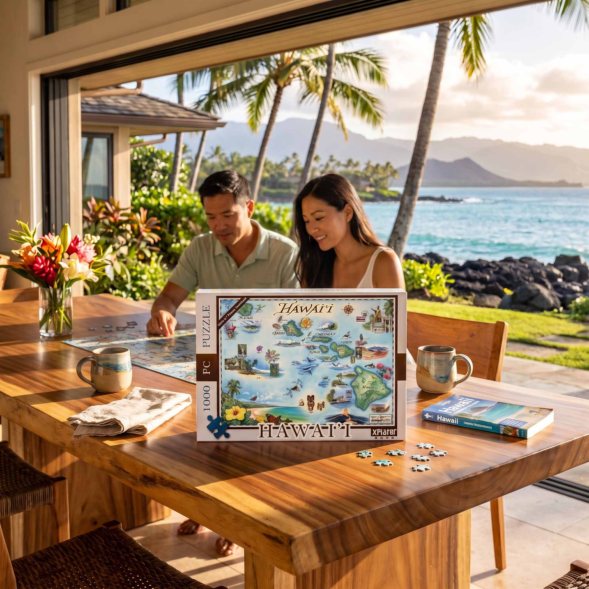 A man and woman sit at a wooden table by an ocean view window, working on a Hawaii-themed jigsaw puzzle. The completed puzzle box is displayed on the table, with scattered puzzle pieces nearby and mugs on the table.