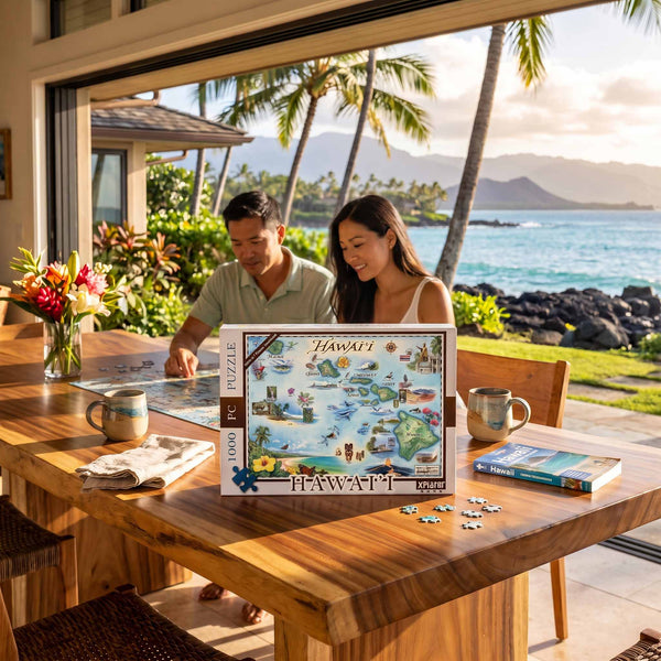 A man and woman sit at a wooden table by an ocean view window, working on a Hawaii-themed jigsaw puzzle. The completed puzzle box is displayed on the table, with scattered puzzle pieces nearby and mugs on the table.